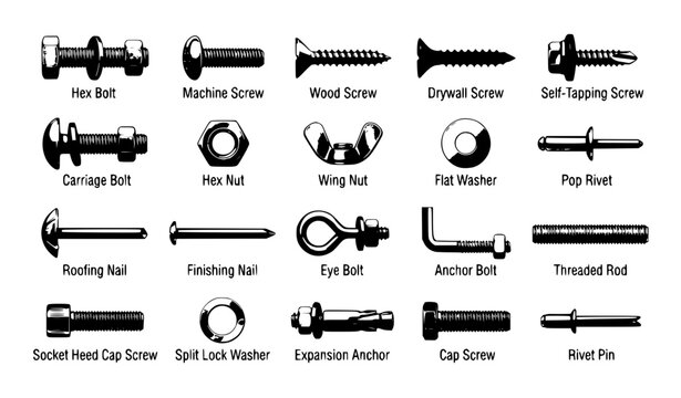 Metal Screws Bolts Nuts Nails and Rivets Realistic Vector Collection Isolated on White Background