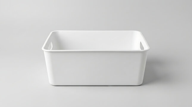 Empty white plastic storage bin with cutout handles for home organization on a light gray background