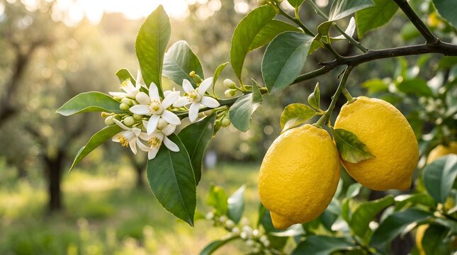 Lemon Branch With Fruit And Blossoms Natural Sunlight
