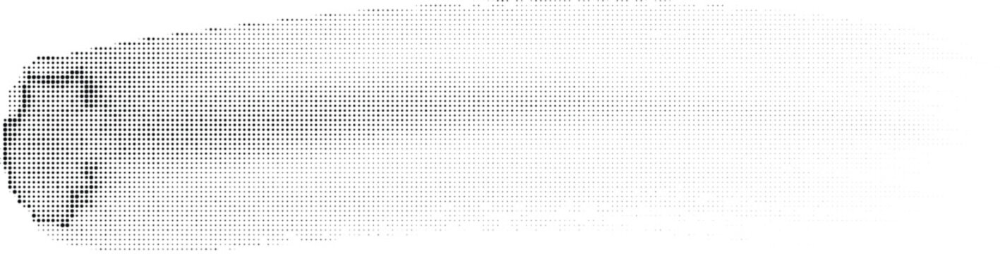 Dynamic comet shape isolated on transparent background with fading halftone dots creating motion trail effect for futuristic cosmic space design projects.