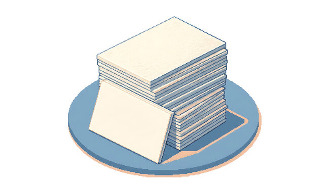 Isometric stack of blank white paper sheets on a circular blue base on a white background