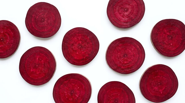 View of fresh red beetroot slices arranged randomly on a clean white background surface