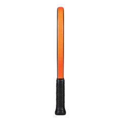 Neon orange textured pickleball paddle with a black perforated synthetic leather grip on a white background, concept of modern sports equipment precision © Mara
