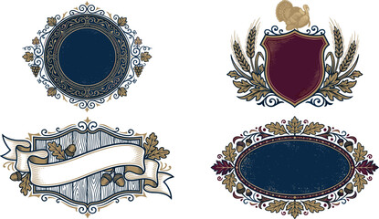 Vintage Thanksgiving Emblem Vector Set with Ornate Shields Baroque Borders Turkey Motif Wheat Stalks Ribbon Banners and Acorn Frame Label Designs © Donal! 