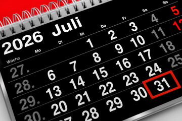 Obraz premium Deutscher Kalender Datum 31. Juli 2026 Freitag schwarz rot