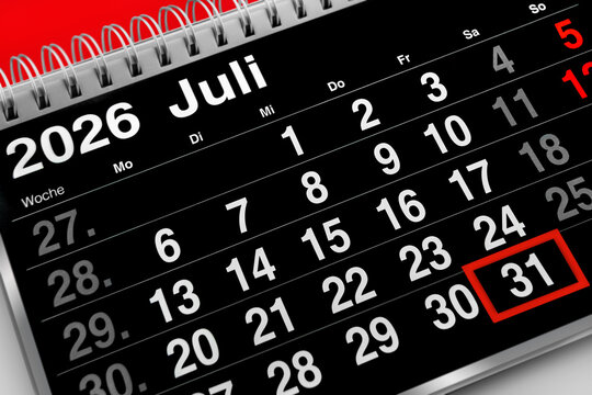 Deutscher Kalender Datum 31. Juli  2026  Freitag  schwarz rot