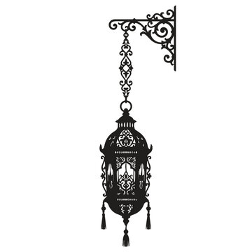 Ornate wall mounted decorative lantern silhouette with lamp post, silhouette