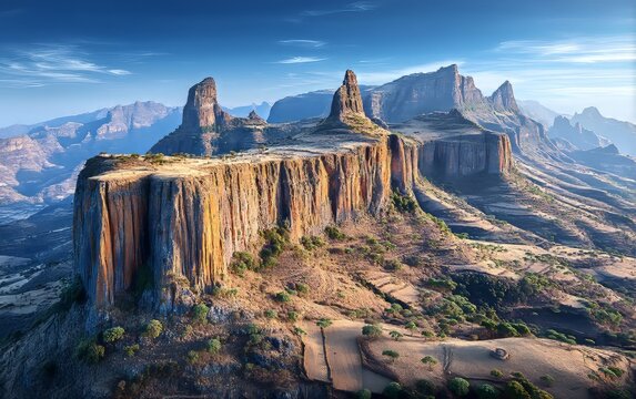 Dramatic Escarpment of Simien Mountains in Ethiopia Under Clear Blue Sky
