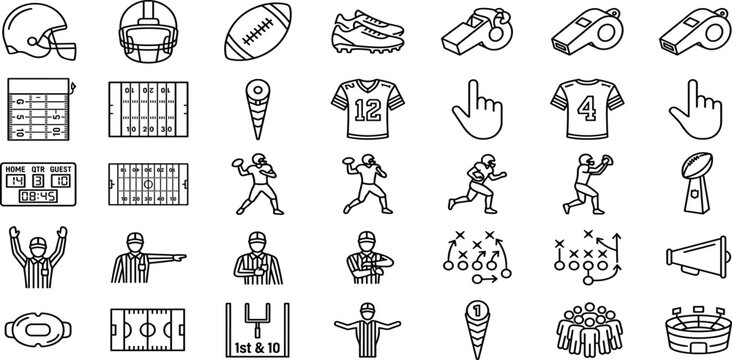 American Football Game and Referee Icon Set Featuring Helmet Players Scoreboard Strategy Goalposts and Championship Symbols
