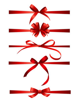 Collection of red satin ribbons and bows on a white background for gift wrapping