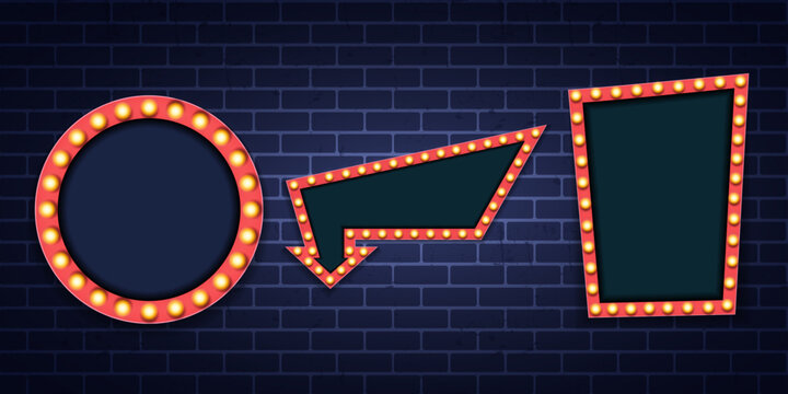 Neon sign frames with glowing lights on dark brick wall vector illustration