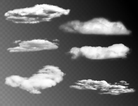 Realistic white clouds isolated on transparent background fluffy cumulus formations for weather design