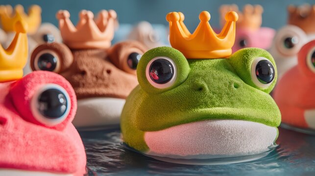 Charming 3D Render of Frogs with Crowns Sitting on a Floating Platform