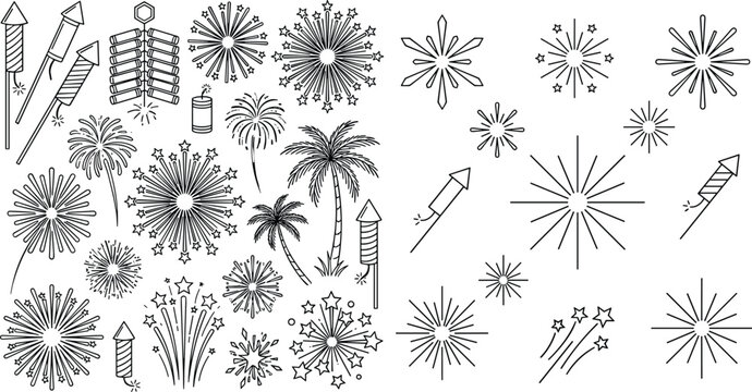 Collection of Hand Drawn Fireworks and Tropical Celebration Elements for Festive Holiday Graphic Designs