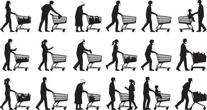 Shopping Cart Silhouette Collection with Masked Customers Retail Shopping and Health Safety Vector Set