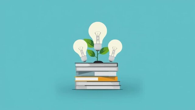 Green plant growing from a stack of books with glowing light bulbs in this creative digital motion animation video