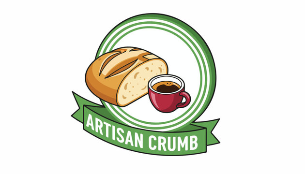 Artisan Crumb bakery logo design with fresh bread and coffee cup.