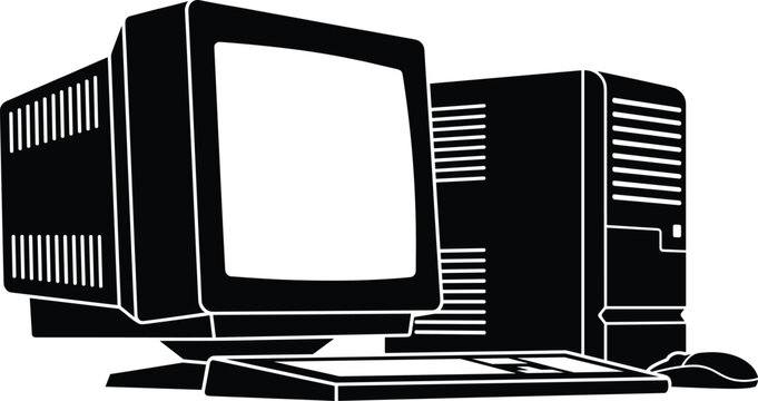 Silhouette Illustration of Vintage Desktop Computer with CRT Monitor, Keyboard, and Mouse