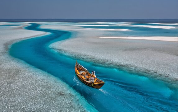 Aerial View of Traditional Maldivian Dhoni Boat in Turquoise Waters