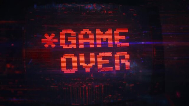 Game over text displayed on a distorted retro television screen with digital glitch effects in this intense motion video animation