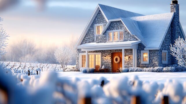 Snow-Covered Manor at Christmas Morning in Winter Vineyard Estate