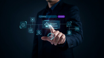 Fototapeta premium Person Interacting with AI Agent Interface Showing Search and Generate Options artificial intelligence