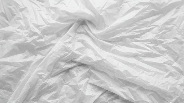 Close up view of a crumpled white plastic sheet showing intricate folds, creases, and shadows creating a textured monochromatic background surface