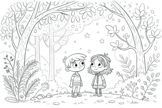 Black and white line drawing of boy and girl among forest with trees for coloring