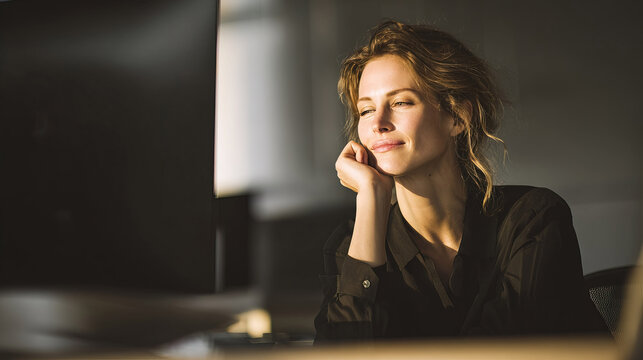 Woman sitting at desk looking at computer monitor in warm sunlight