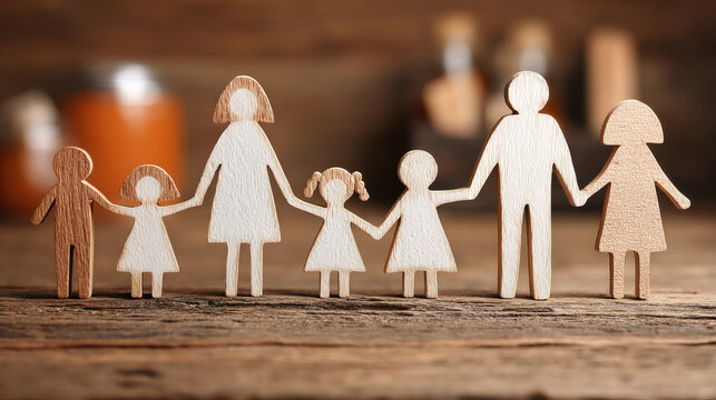 Wooden figures of large family holding hands with blurred background