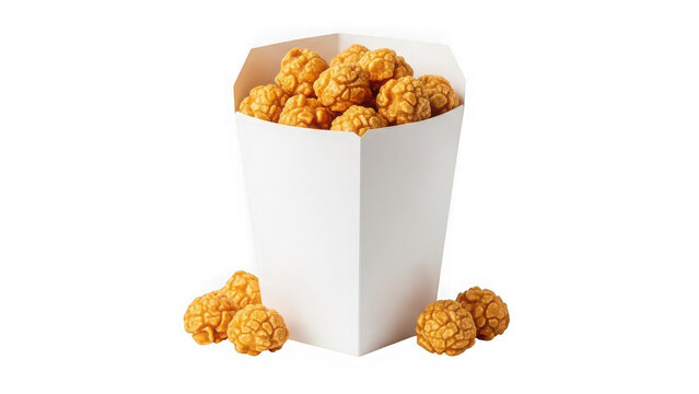 A white paper container filled with crunchy golden popcorn isolated on transparent background