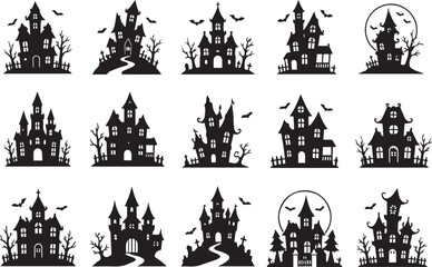 Obraz premium Haunted Halloween House Silhouette Vector Bundle Collection with Spooky Gothic Mansion Icons