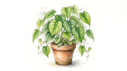 Fototapeta premium Watercolor Illustration of Heart-Shaped Green Leaf Plant in Terracotta Pot