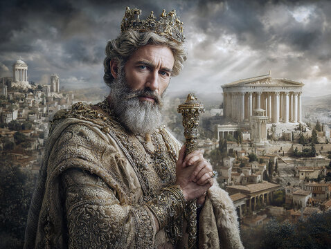 Ancient king in crown and robe holding scepter with antique city background