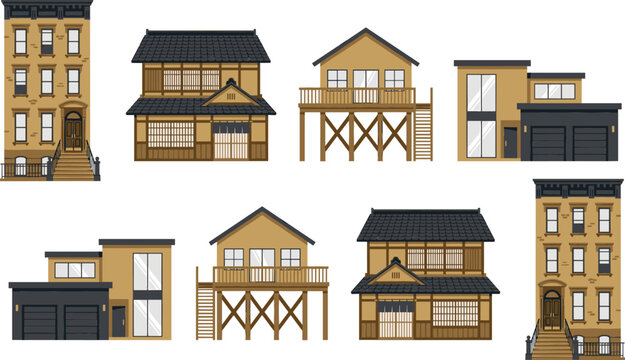 Architecture Houses Vector Icon Set with Traditional Japanese Home Modern Minimalist Villa Classic Brownstone Apartment and Stilts Wooden Cottage Elements