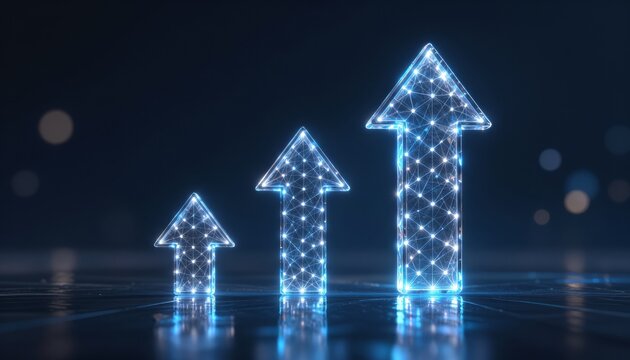Three digital glowing arrows rise in sequence