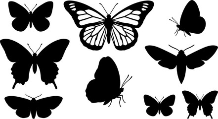 Butterfly Silhouette Set Featuring Monarch Swallowtail Moth Detailed Wings Side Profile Closed Wings and Various Flying Insect Shapes for Spring Nature Graphic Design © Mdsumon