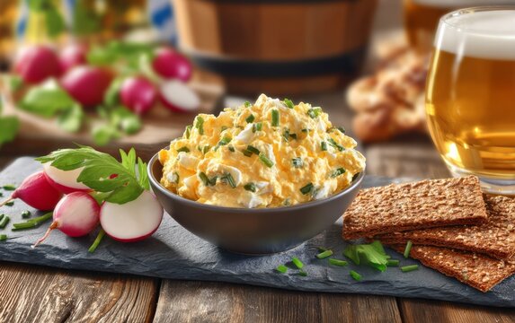 Traditional German Obatzda Cheese Spread Served with Radishes and Beer