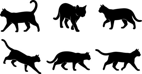 Cat Silhouette Set Featuring Domestic Felines Walking Prowling Running and Stalking Poses for Pet Care Vet Clinics and Animal Lovers Graphic Design Elements © Mdsumon
