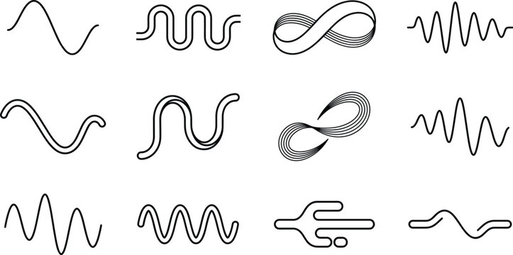 Abstract wave line icon set with sound frequency audio waves infinity loops and zig zag curves vector