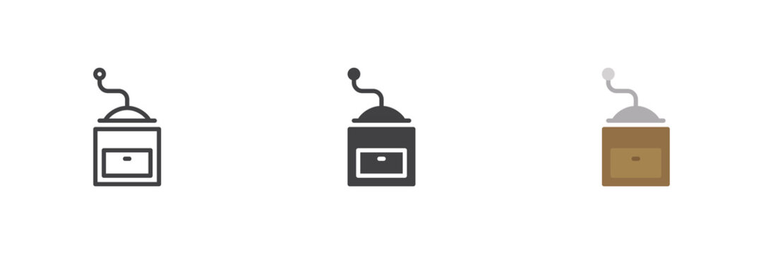 Manual coffee grinder icon in line, solid, flat colorful styles. Grinder icon with color wooden base, vector sign and symbol for beans, cafe.