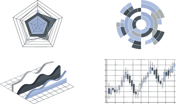 Business Financial Chart Vector Icon Set with Radar Spider Graph Concentric Circle Diagram Isometric Wave Analytics and Stock Market Candlestick Elements