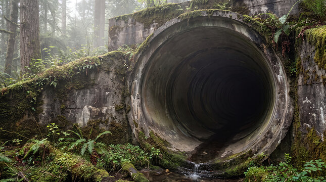 Large concrete drainage culvert discharging a trickle of water into a misty, overgrown forest with thick green moss and ferns.