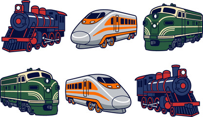 Fototapeta premium Flat Vector Illustration of Train Locomotive Collection Including Vintage Steam Engine Modern Bullet Train and Diesel Models