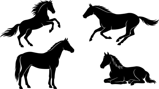 Horse Silhouette Set Featuring Rearing Mustang Running Stallion Standing Mare and Lying Down Poses for Equestrian Ranch and Wild Animal Graphic Design
