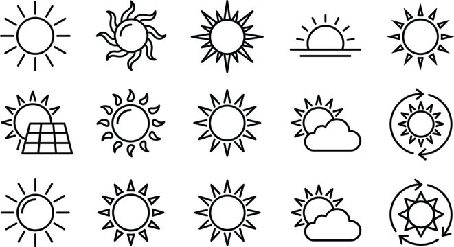 Sun and weather icon set with solar panel sunrise sunset clouds summer heat and light vector line art