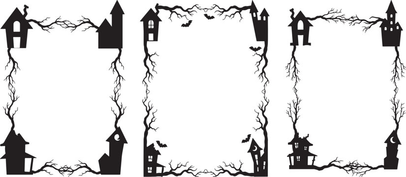 Spooky halloween frames borders collection black silhouette haunted houses with branches for seasonal designs