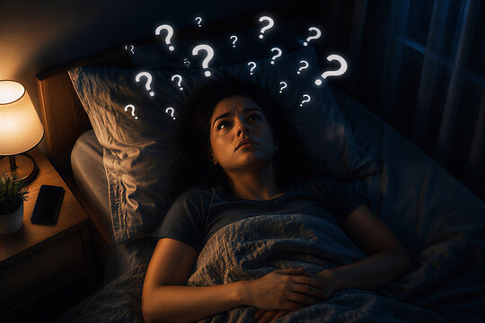 Worried Woman Lying Awake at Night with Questions and Racing Thoughts