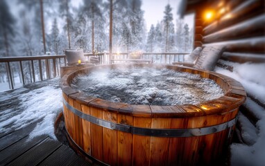 Fototapeta premium Cozy Cedar Plunge Pool Surrounded by Winter Wilderness in Lapland