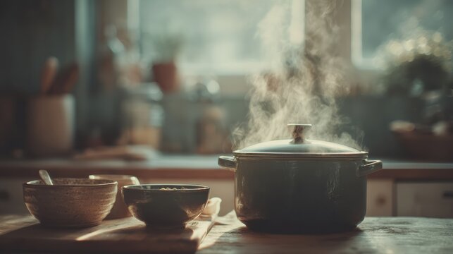 Clean kitchen counter with steaming pot silhouette